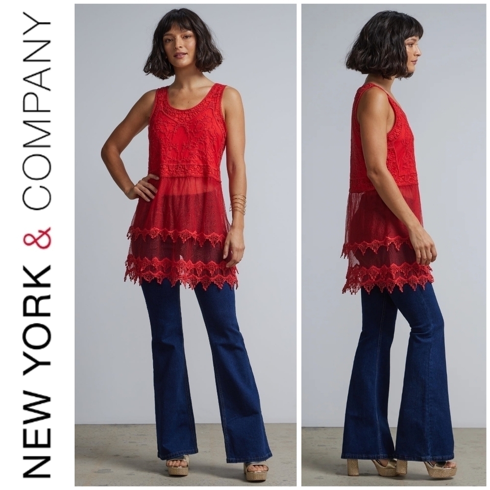 NEW YORK & COMPANY Nwt Lace-Mesh Sleeveless Tiered Tunic Top, Red, L